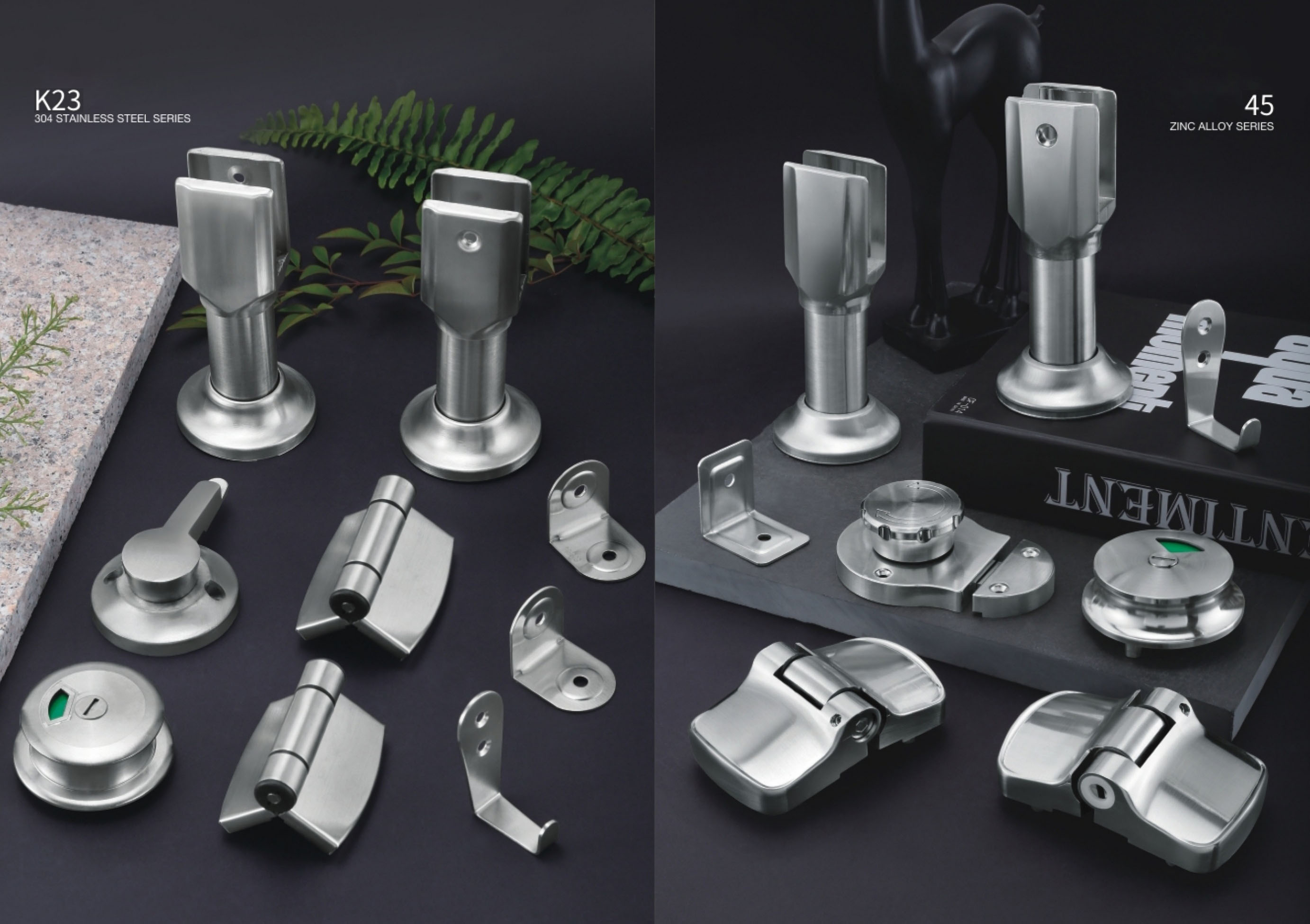 Stainless steel toilet partition hardware system including hinges, locks, support legs and connectors for commercial restroom cubicles